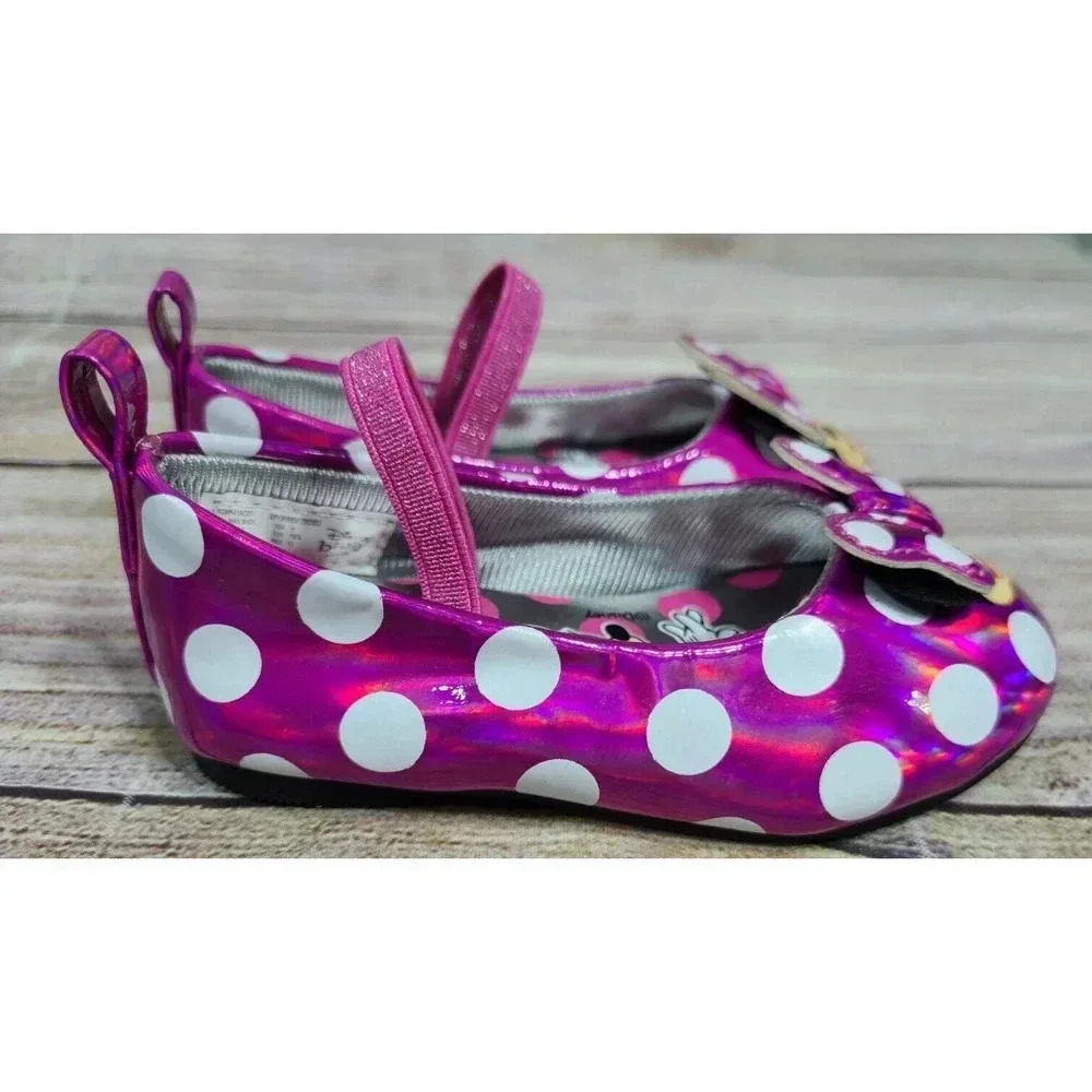 Disney Baby Minnie Mouse Mary Jane Flats Baby Size 4 Pink White Polka Dots Bows - Picture 3 of 7